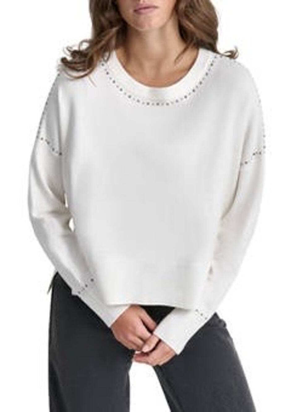 DKNY White Studded Crewneck Sweater NWT Small Oversized Split Hem Fall Cozy